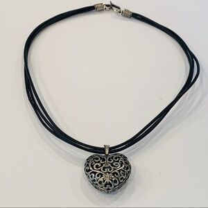 Sterling silver leather cord puffy heart pendant